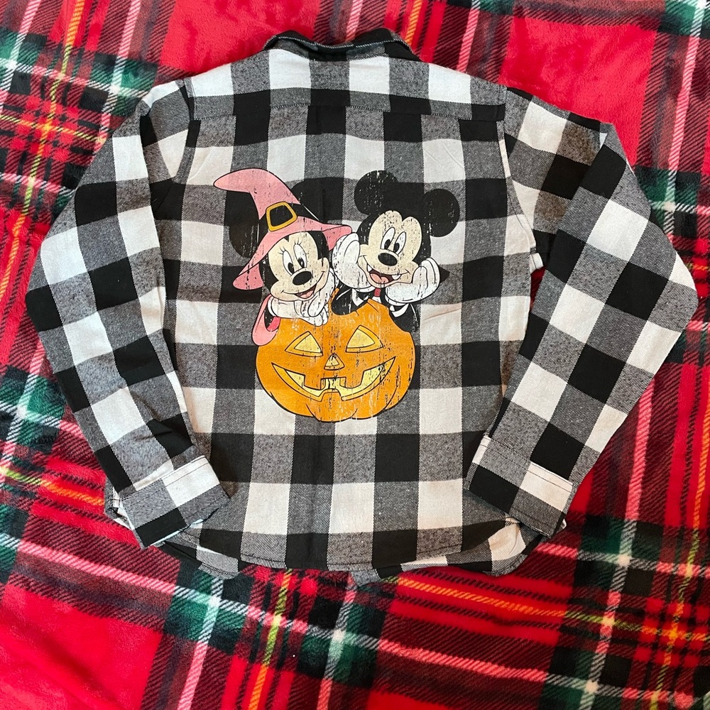 Halloween-Themed Mickey and Minnie Flannel Shirt for Kids